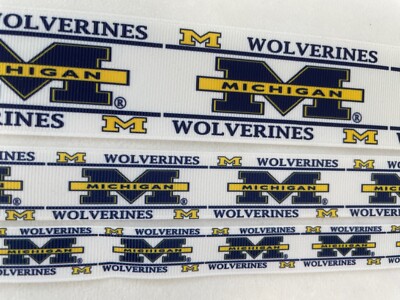 University of Michigan Wolverines on white grosgrain ribbon 5/8