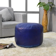 BBH HOMES HANDMADE ECO-FRIENDLY ROUND SHAPED STUFFED BUFFALO LEATHER BLUE POUF