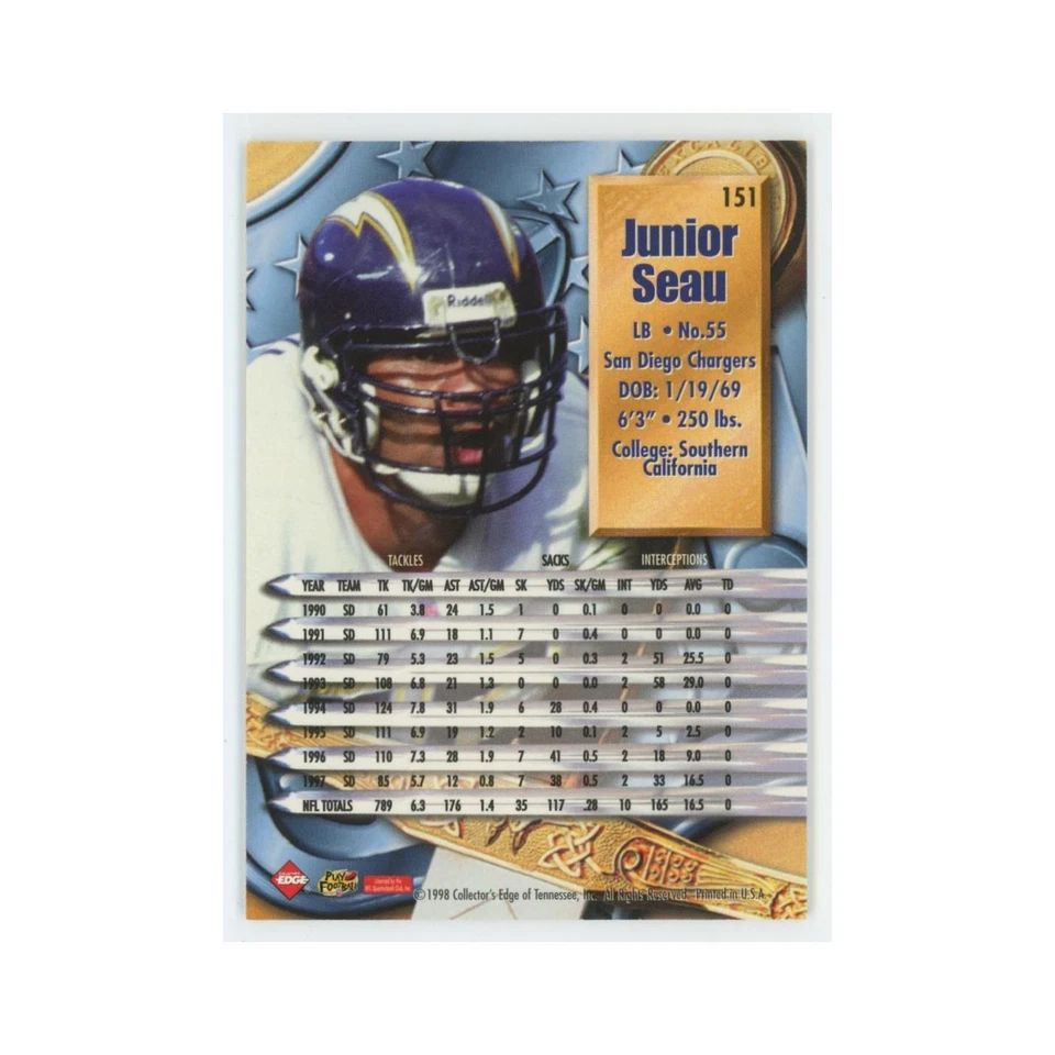 Junior Seau 1998 Collector's Edge Gold #151 San Diego Chargers Football Card NM - Image 2 of 3