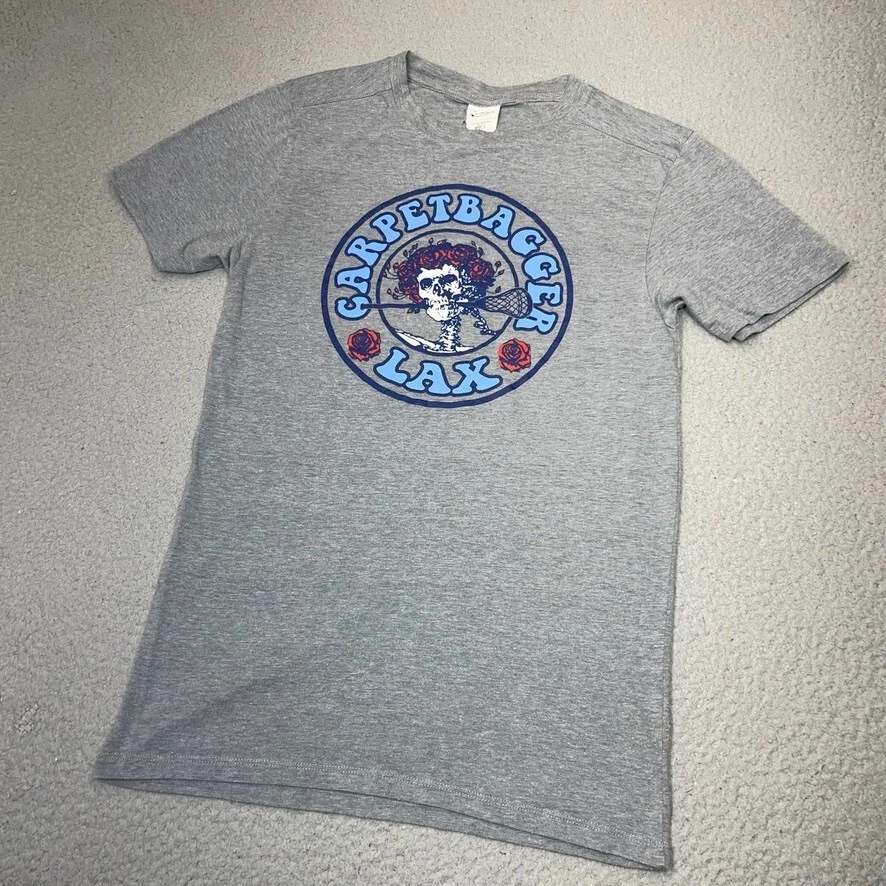 Camisa Lacrosse Hombres Pequeña Gris Alfombra Bagger LAX Calavera Esqueleto Palo Rosas Informal Foto 3 de 4