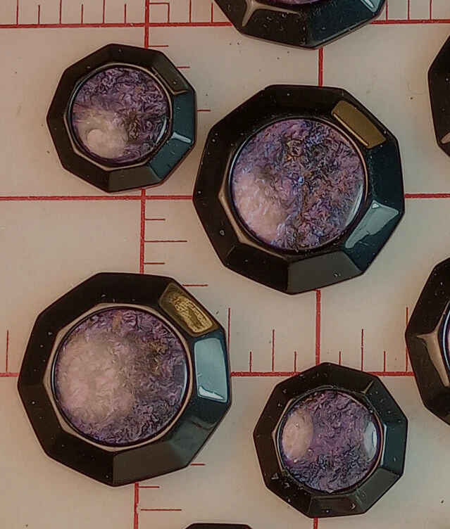 10 Multi Pearlized Purple Gold Shank Buttons Black Border 9 Sides 1-1/8" France - Image 2 of 4