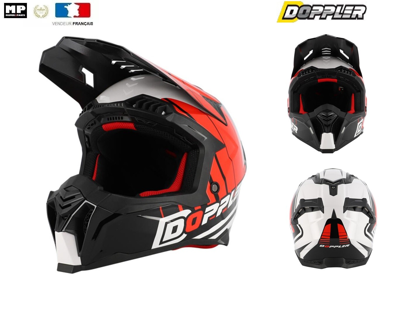 Casque cross adulte Doppler homologué 22.06 noir blanc rouge verni pour moto
