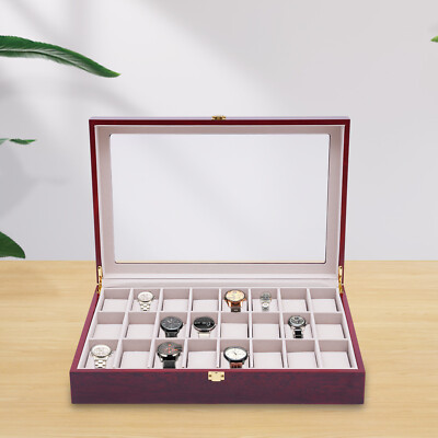 Ebony Wood Watch Box Case Container 24 Grid Glass Top Jewelry Storage Organizer