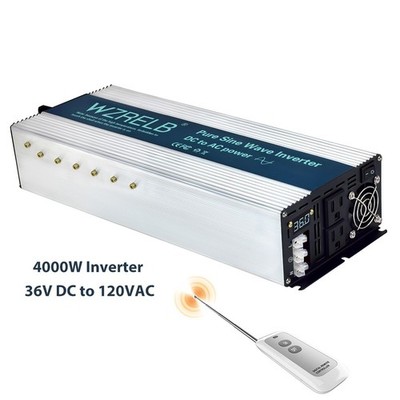 4000W Pure Sine Wave Power Inverter 36V DC to 120VAC Camp remote 2AC US Sockets