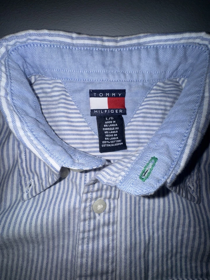 Camisa De Colección Y2K Tommy Hilfiger Abotonada Para Hombre Grande Blanca Azul Rayas Informal Foto 3 de 4