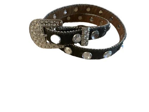 Kids Ostrich Print Real Leather Belt With Rhinestone Buckle Black