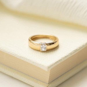 Authentic Baguette Shape Moissanite Solitaire Bezel Set 14k Gold Plated Chunky Ring