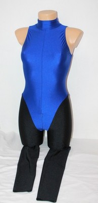 Women Long Catsuit 304-54 High Collar Zipper Crotch Blue & Black Spandex Size L