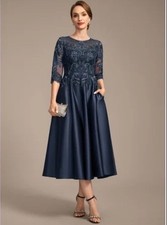 NWT JJ's House Satin Lace Mother of the Bride Dress with Sequins Navy Size 6