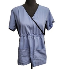 Cherokee Scrub Top M Blue V-Neck Pockets Elastic-Waist Polyester-Blend