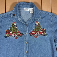 Vtg XL Bobbie Brooks Denim Shirt Christmas Tree Bears Embroidered Button Grandma