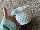 Vintage Fenton Bud Vase White Milk Glass Hobnail Bowl with ruffled edge