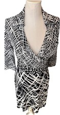 Ann Taylor Midi Wrap Dress Black White 3/4 Sleeves 12P Career Wear Effortless