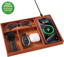 Valet Tray Wireless Charging Pad Organizer Vegan Leather Desk Caddy Brown