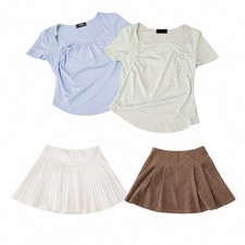 Cider XL Pleated Corduroy + White Skirt Pastel Square Neck Ribbed Pastel Top x2