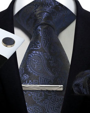   Men's Silver Paisley Silk Tie Set w/ Pocket Square  Cufflinks Floral Gift  