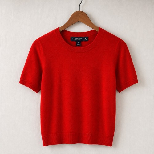 Lands End Kids Red 100% Cashmere Short Sleeve Crewneck Sweater Size M 10-12