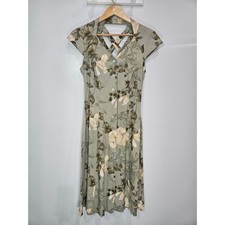 Vintage Floral Midi Dress Sage Green Button Front Strappy Back Cap Sleeve M/L