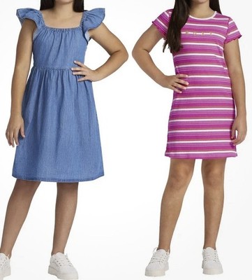 2pk Roxy Youth Dresses Size Medium 10-12 Girls Pink Stripe & Denim New