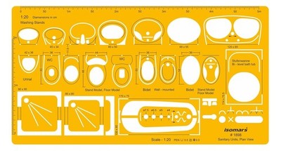 Architect Drafting Template Stencil for Bathroom & Toilet Layouts Orange Plastic
