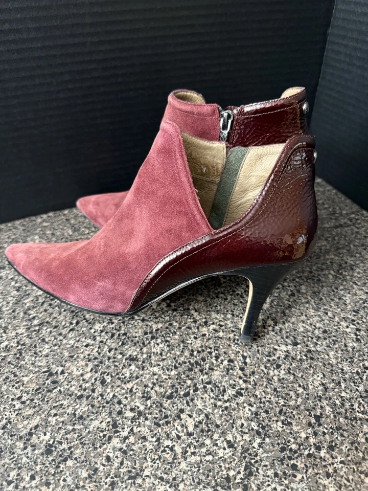Donald J Pliner Booties Heels Women’s 9M Burgundy Red Suede Patent Leather Ankle - Image 2 of 4