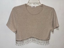 GeeGee Crop Top Women Medium Beige Rib Knit Dangling Rhinestone Waist USA Made