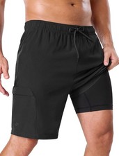 Mens Swim Trunks with Compression Liner 9" Cargo Pockets Swimsuit Quick Dry A...