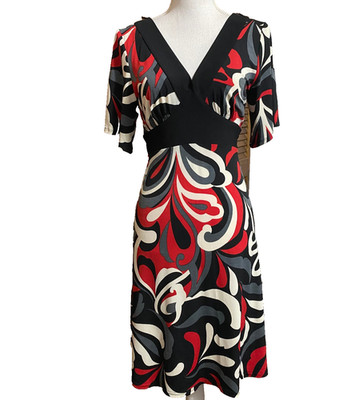 PreOwned dBY Ltd. Women REtro Fit & Flare Vneck Stretch Geometric S8 Red/Black