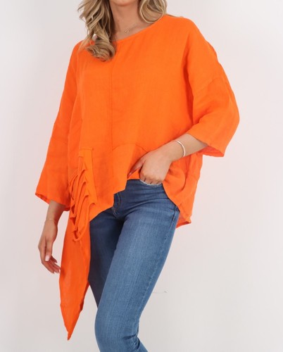 Womens Italian Lagenlook Linen Distress Pocket Asymmetric Linen Plus Size Top - Picture 21 of 29