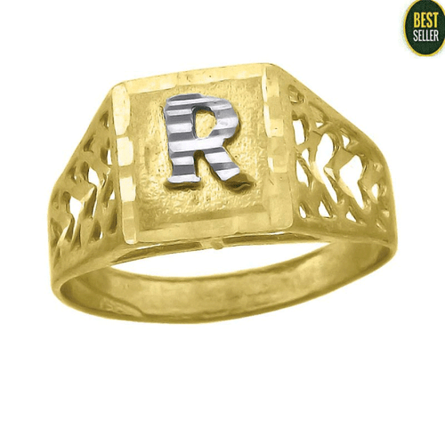 Real 10K Yellow White Gold Initial Alphabet R Fashion Boy Kids Baby Ring Band - Picture 1 of 2