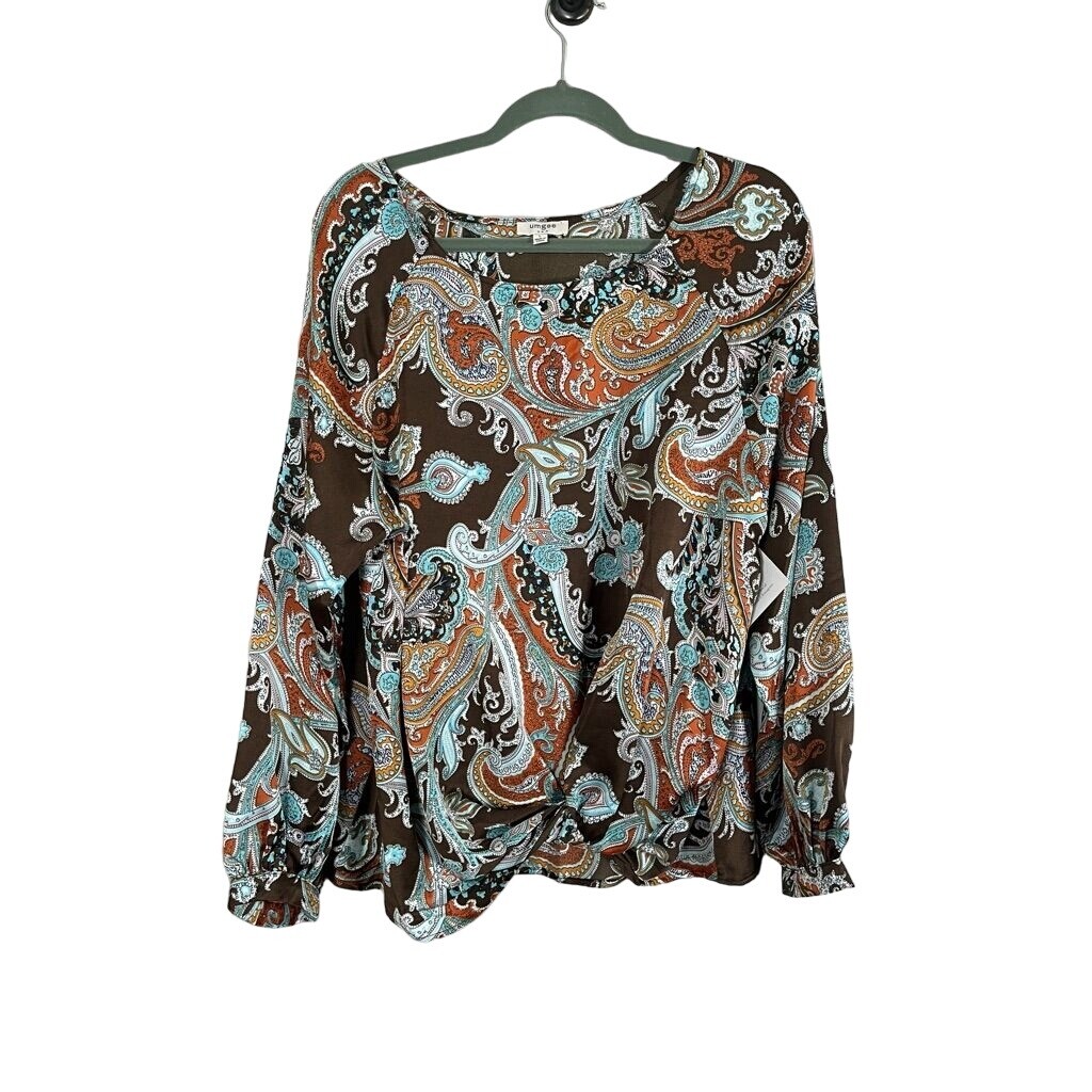 Umgee Floral Boho Top in L Brown Paisley Neutral Coastal Western 80s Style