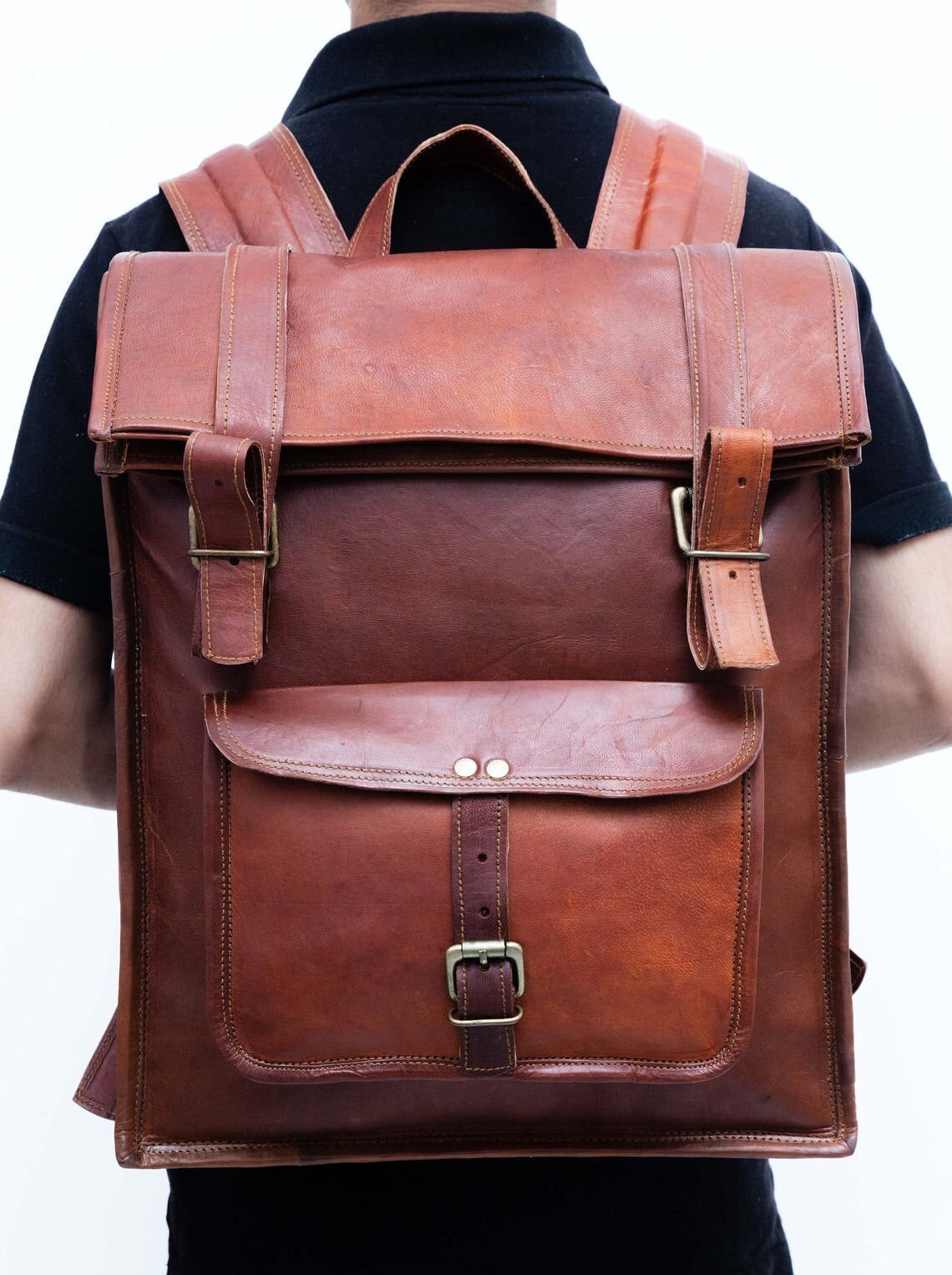 Leather Backpack for Men Genuine Brown Travel Rucksack Satchel