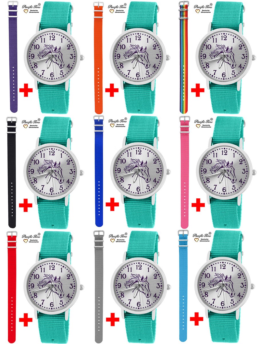 Armbanduhr Mädchen Pferd Pferdemotiv Kinderuhr Nylon Armband türkis  +1Auswahl