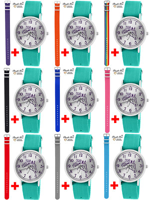 Armbanduhr Mädchen Pferd Pferdemotiv Kinderuhr Nylon Armband türkis  +1Auswahl