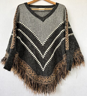 BOHO Shawl Sweater Fringed Natural Cozy S/M