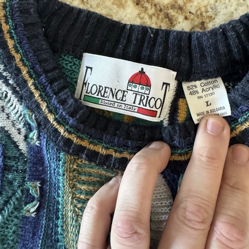 Vintage 90s Florence Tricot 3D Textured Coogi Style Multicolor Sweater Mens L - Picture 4 of 10