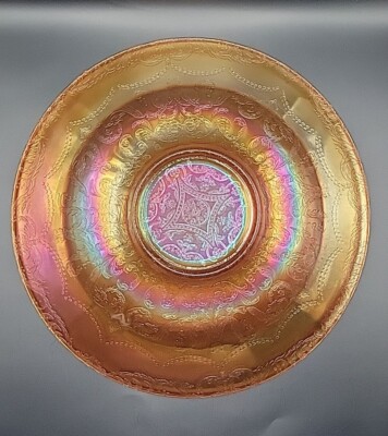 Federal Glass Marigold Console Bowl Dish Carnival Madrid Peach Embossed 11''