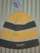 NWT. LIFE IS GOOD ADULT STRIPED FLEECE LINED BAND KNIT BEANIE W/JAKE LOGO OS