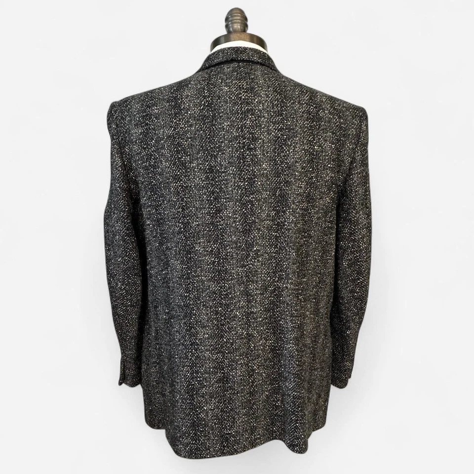 80s Vintage Atomic Fleck Salt & Pepper Wool Men's Suit Coat Size 46 Union Made - Image 2 of 4