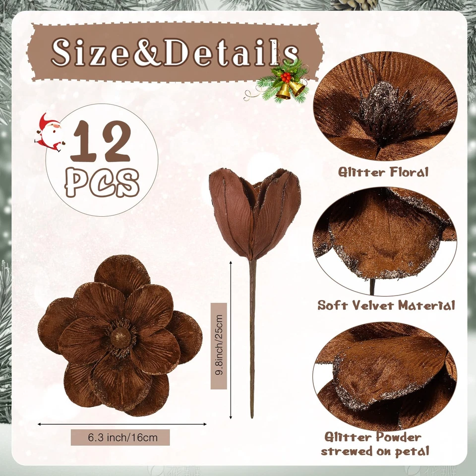 12 Piezas Grandes Terciopelo Navidad Flor de Pascua Magnolia Adornos Brillo B... Foto 2 de 4