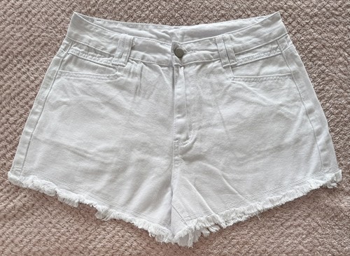 Womens White Denim Shorts Size L High Waist Frayed Hem 100% Cotton BNWOT