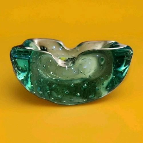 Murano Boula Conte Controlled Bubble Green Ashtray 3" wide,  1" Deep