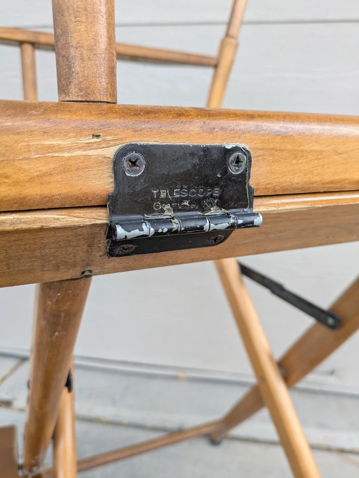 Cadeira Directors Vintage Telescópio Dobrável de Madeira com Lona Azul Branca - Imagem 3 de 4