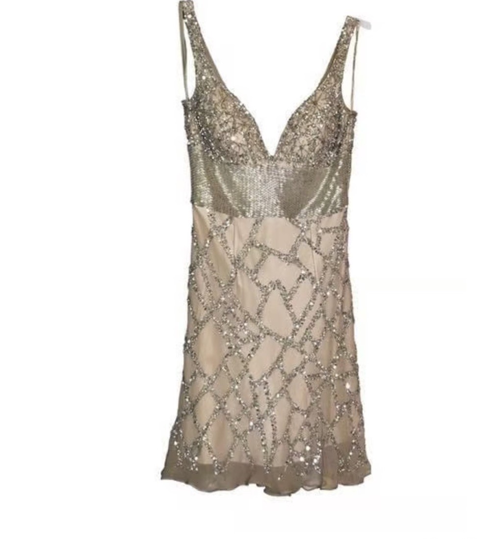 Dress Gold Beaded Prom Size 14 wedding special occasion  sparkly Silk Beaded