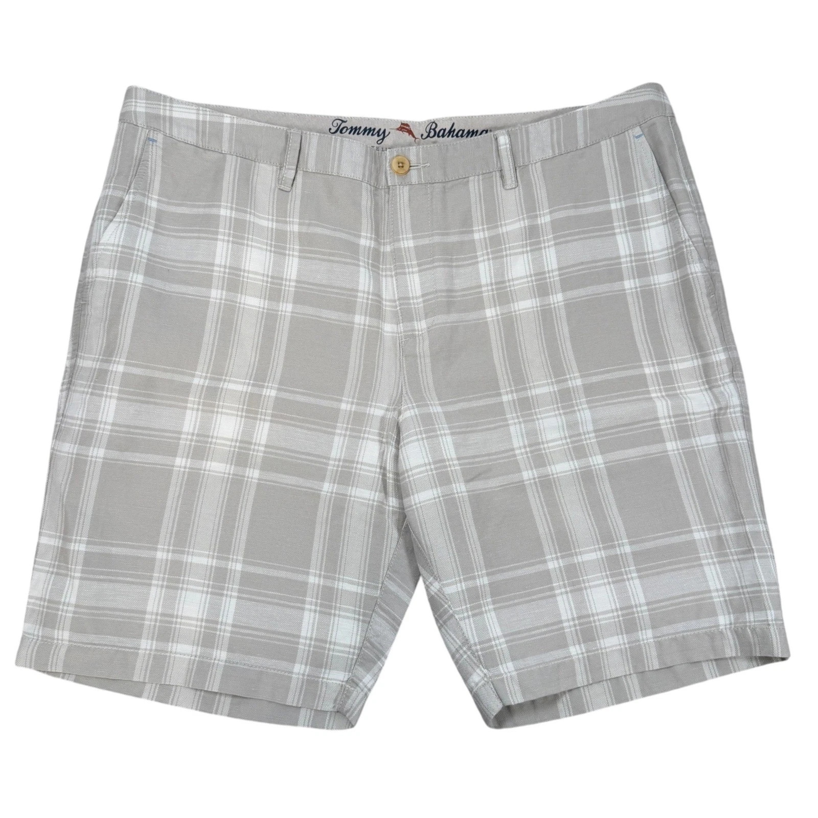 Tommy Bahama Mens Khaki Sands White Plaid Linen Cotton Flat Front Shorts Size 40