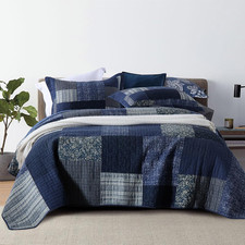 Navy Blue King Quilt Set, 100 Cotton Reversible Patchwork Bedding, 3-Piece