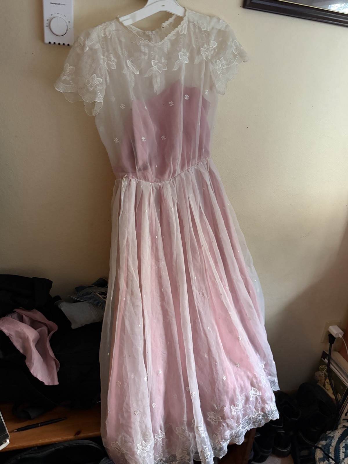 Vintage Pink White Lace Maxi Evening Prom Dress Floral Overlay