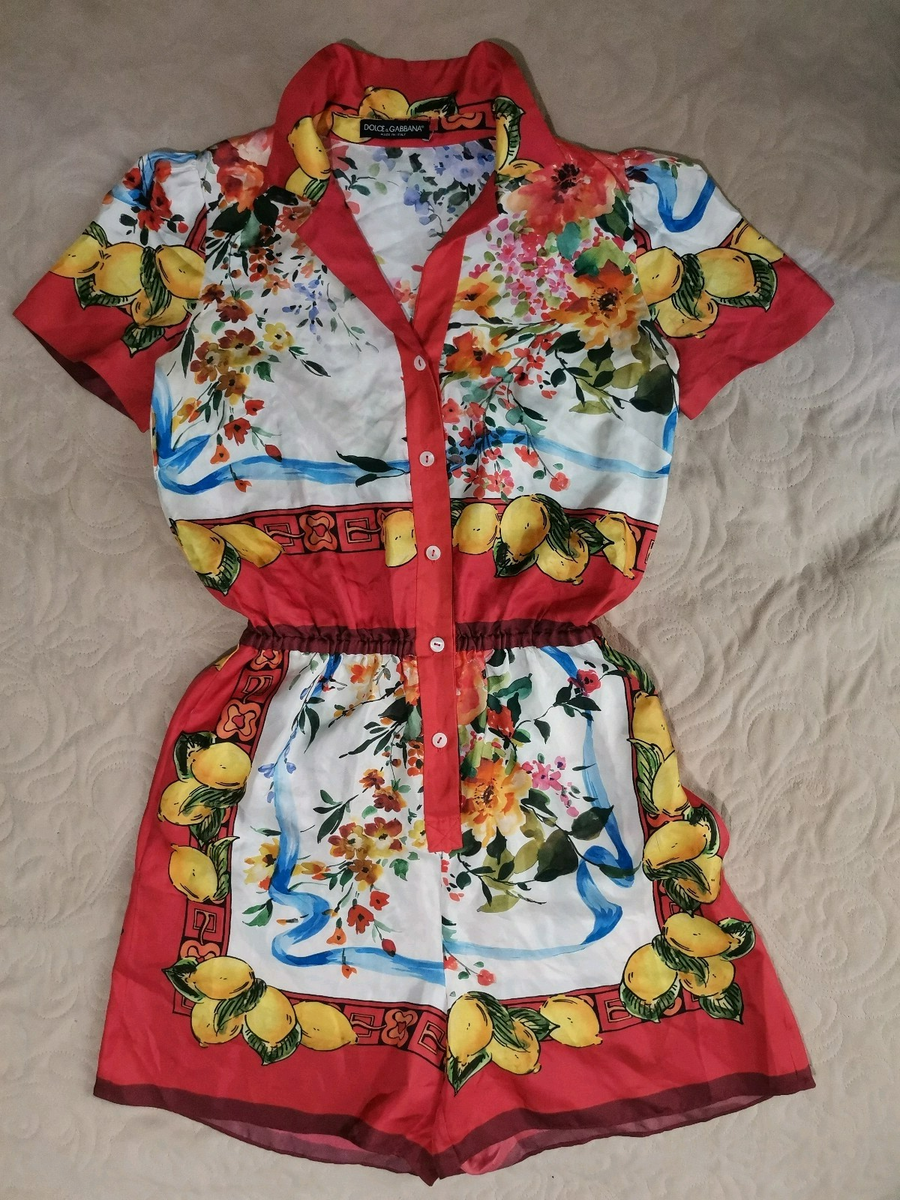 Dolce & Gabbana Silk Floral Majolica Lemons Designer Romper-Dress