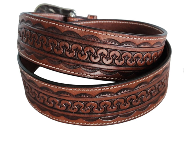 Western Rodeo Brown Tapered Tooled Roughout Leather Belt Floral Billet Size 42