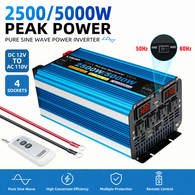 2500W 5000W Pure Sine Wave Power Inverter 12V to 110V AC Converter RV Off-Grid